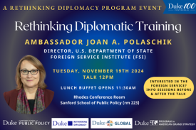 Flyer for FSI Director lunch event Tues November 19th 12pm with photo of Ambassador Joan A. Polaschik